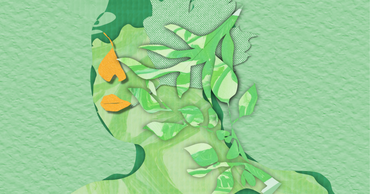 An illustration of a face covered with leaves.