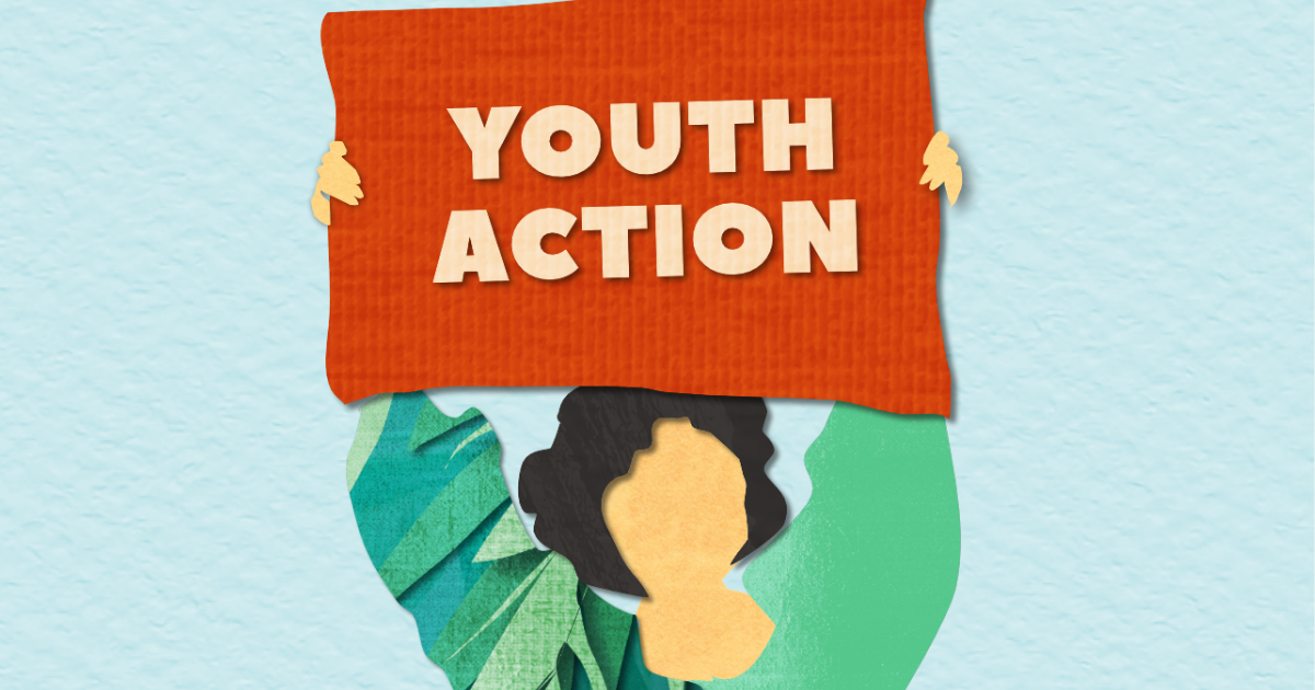 An illustration of someone holding a sign that reads 'youth action'