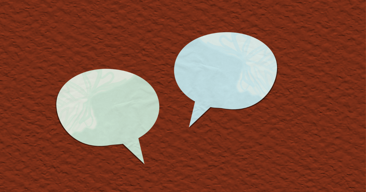 Illustrated speech bubbles on a dark brown background