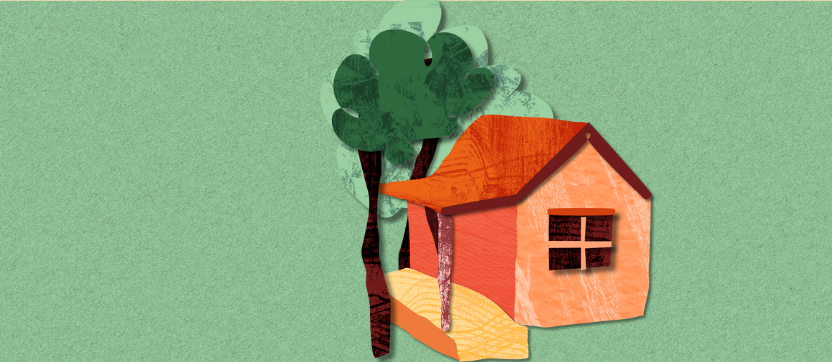 An illustration of a cabin in the woods