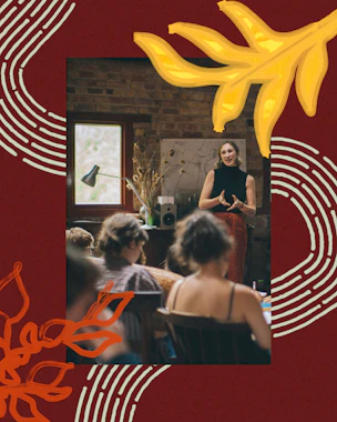 A photograph of a workshop being delivered with a collage around it.