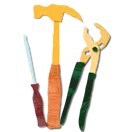 Illustrations of a toolkit: screwdriver, hammer and pliers.