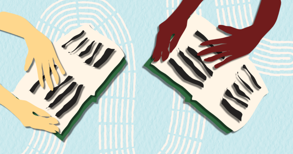 An illustration of two people reading books.