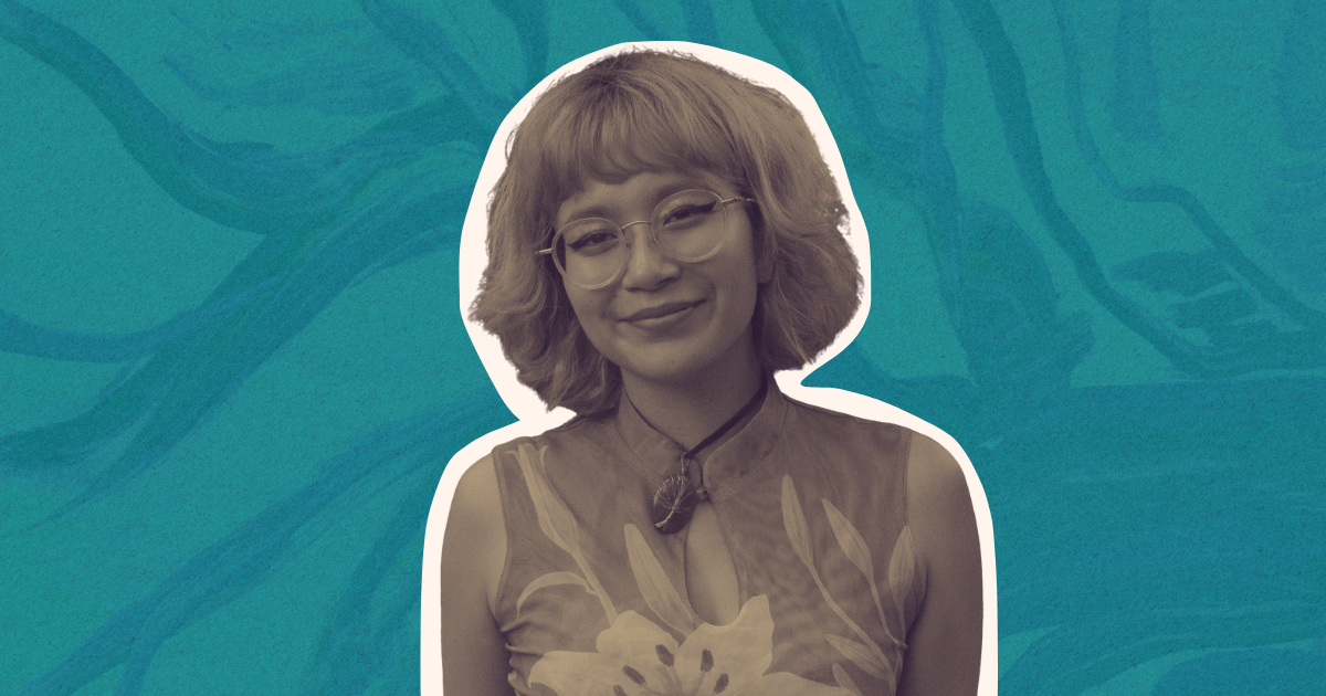 A photograph of artist, Jade Johnson, against a blue textured background.