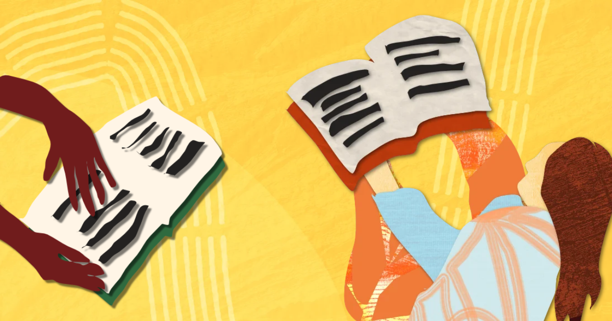 An illustration of two people reading