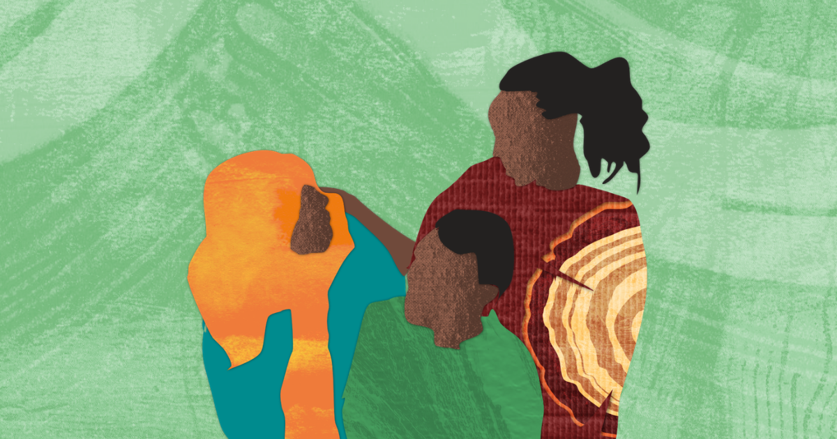 An illustration of three people in conversation,